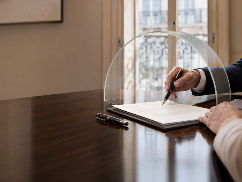 Advogado e cliente analisam um contrato protegido por uma estrutura transparente, simbolizando a prevenção de riscos jurídicos antes da assinatura.