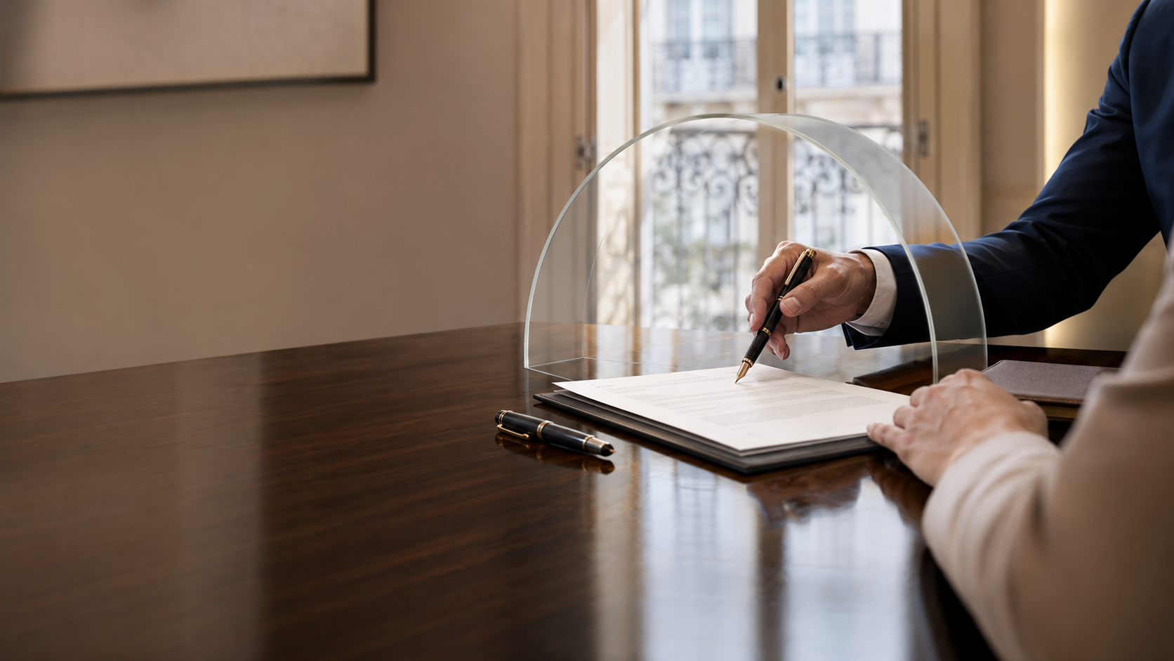 Advogado e cliente analisam um contrato protegido por uma estrutura transparente, simbolizando a prevenção de riscos jurídicos antes da assinatura.