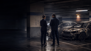 Advogado e perito analisam automóveis danificados por um incêndio numa garagem de condomínio