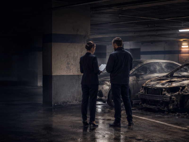 Advogado e perito analisam automóveis danificados por um incêndio numa garagem de condomínio